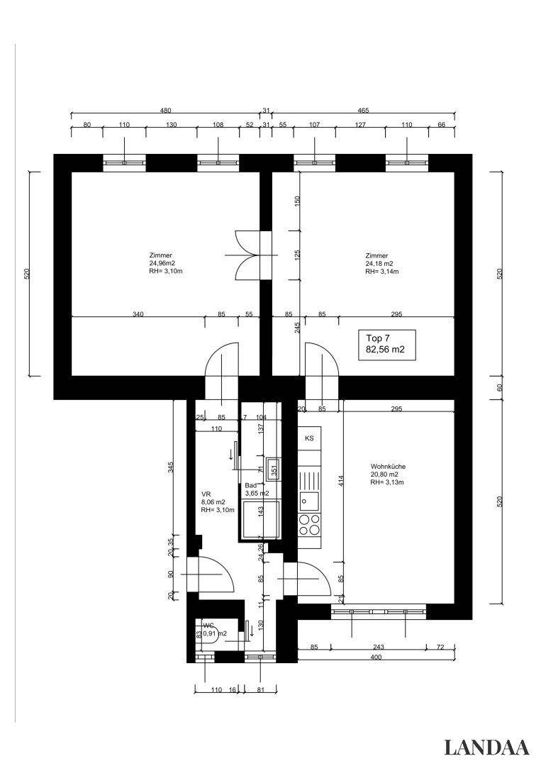 Grundriss einer 82,56 m² großen Wohnung mit zwei Zimmern, offener Wohnküche, Bad und separatem WC.