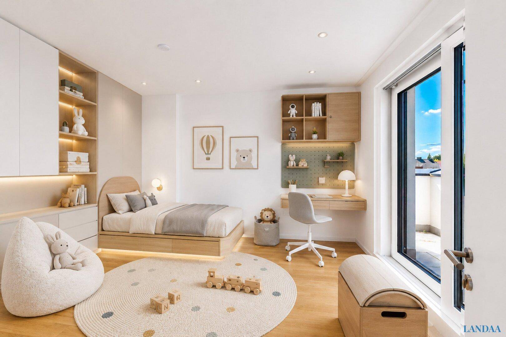 Kinderzimmer mit modernem Bett, Schreibtisch und Zugang zu einem Balkon, hell und freundlich.