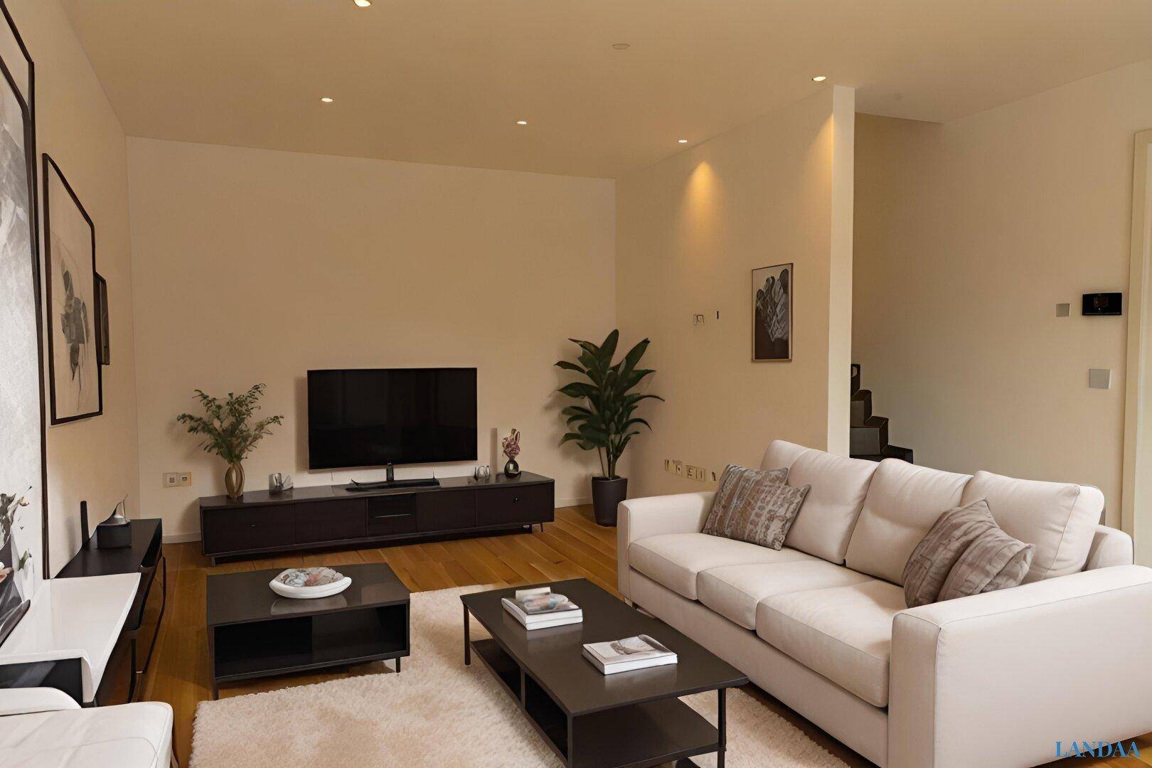 Gemütliches Wohnzimmer mit Sofa, Fernseher und Holzboden, modern und einladend eingerichtet.