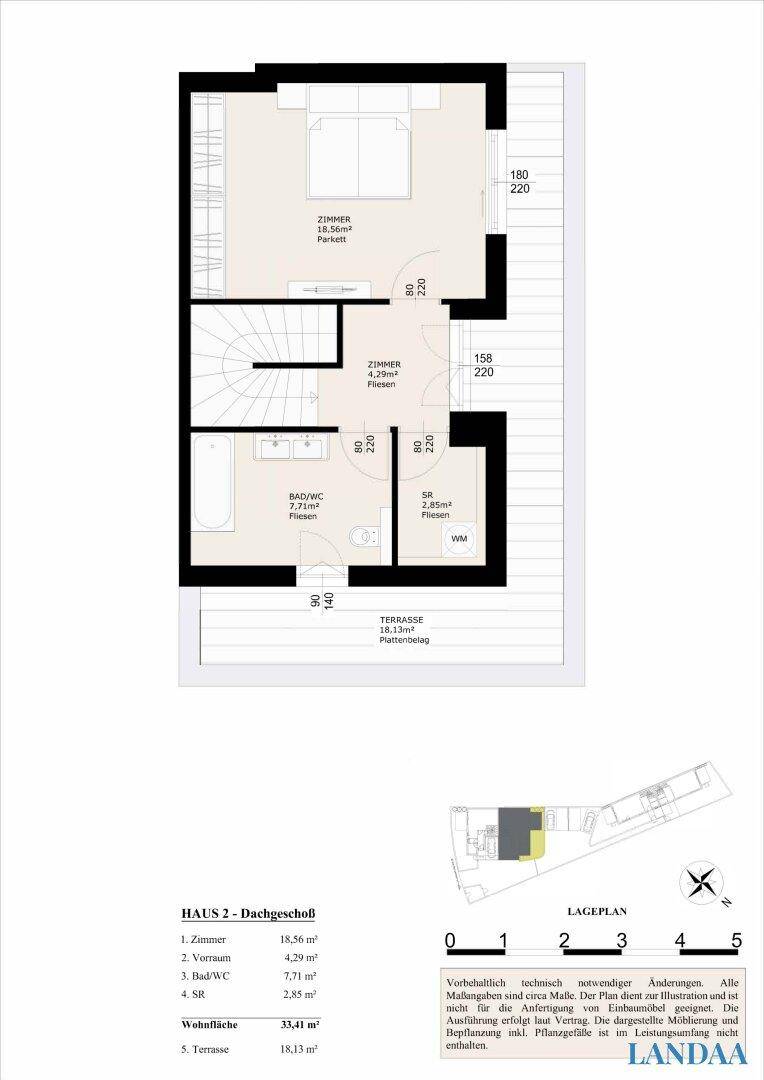 Grundriss des Dachgeschosses mit Schlafzimmer, Bad, weiterem Zimmer und großer Terrasse.