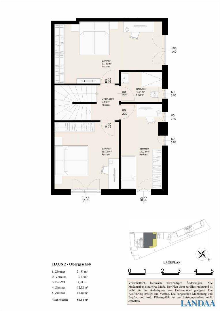 Grundriss des Obergeschosses mit drei Zimmern und einem Badezimmer.