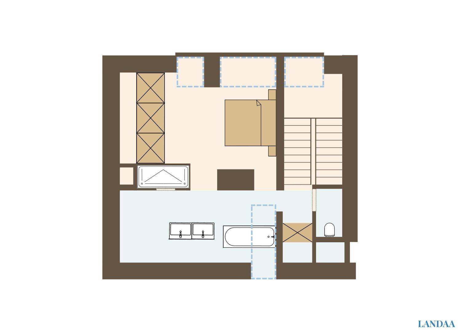 Grundriss des Obergeschosses mit Schlafzimmer, Bad und Treppenaufgang.
