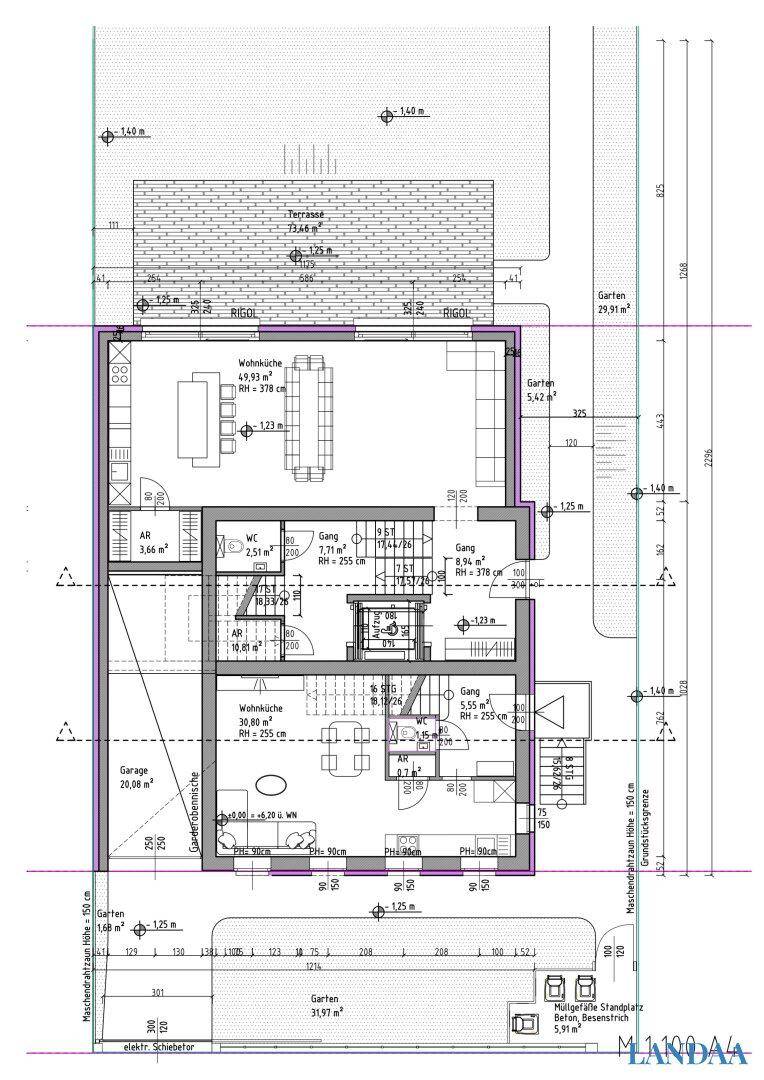 Grundriss des Erdgeschosses mit offenem Wohnbereich, Küche, Terrasse und Garten.