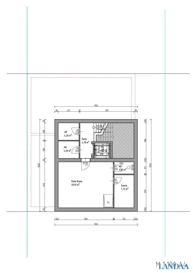 Grundriss des Kellergeschosses mit Sauna, Abstellräumen und Technikbereich.