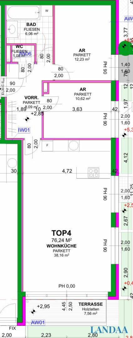 Grundriss der Wohnung TOP4 mit Wohnküche, Schlafzimmern, Bad und Terrasse.