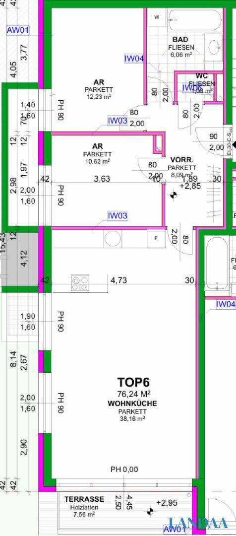 Grundriss für eine 76,24 m² große Wohnung mit Wohnküche, Schlafzimmer und Terrasse.