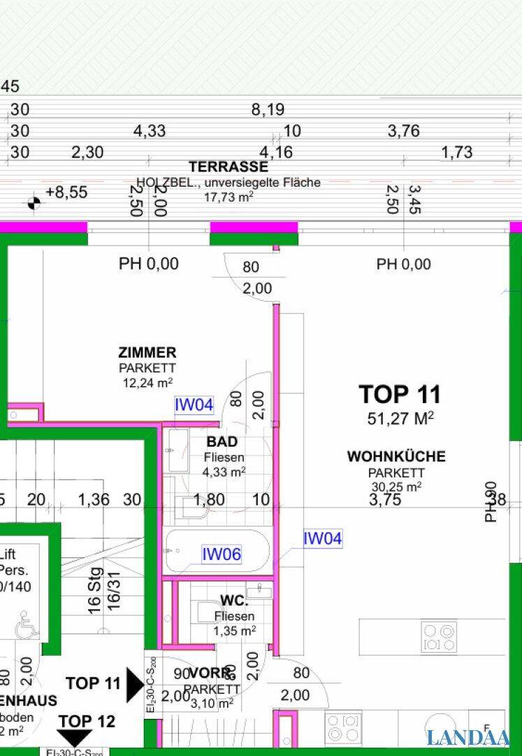Grundriss der Wohnung "TOP 11" mit Wohnküche, Bad, WC und Terrasse.