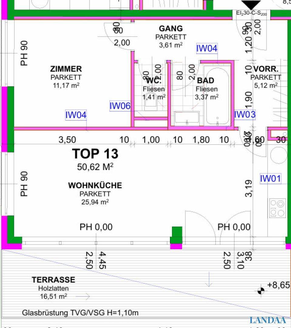 Grundriss einer Wohnung mit Zimmer, Wohnküche, Bad, WC und großer Terrasse.