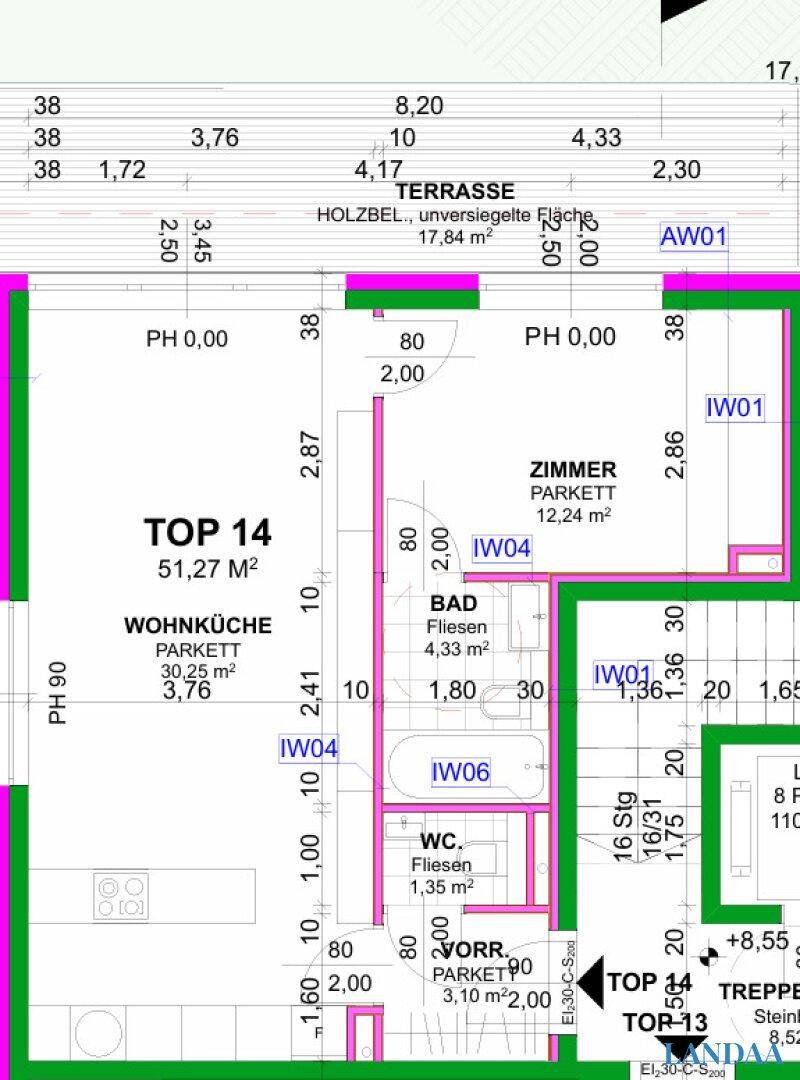 Detaillierter Grundriss einer Wohnung mit Wohnküche, Bad und Terrasse.
