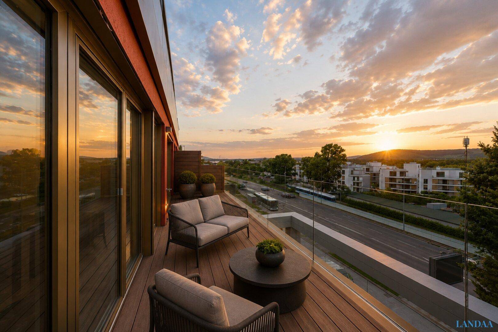 Möblierte Holzterrasse mit Glasbrüstung und Sitzgelegenheiten, bietet weiten Blick bei Sonnenuntergang.