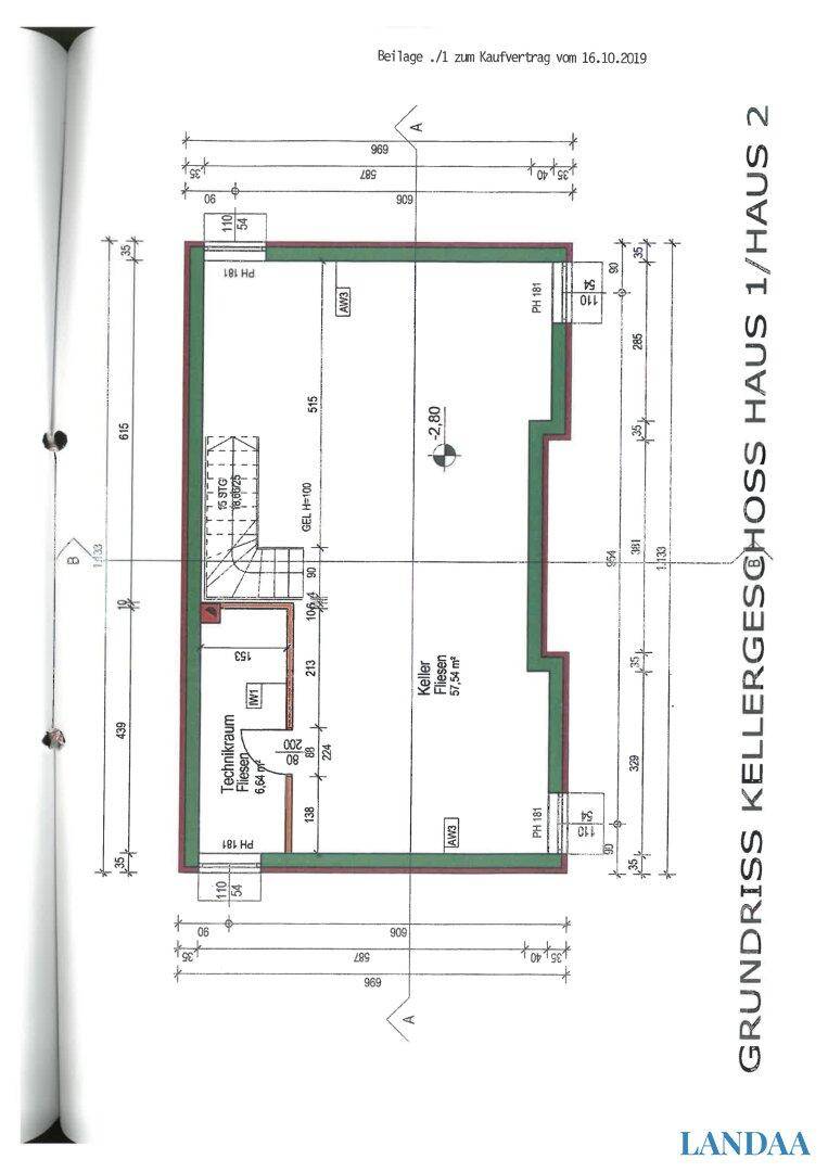 Grundriss des Kellergeschosses für Haus 1/Haus 2 mit Technikraum und Kellerflächen.
