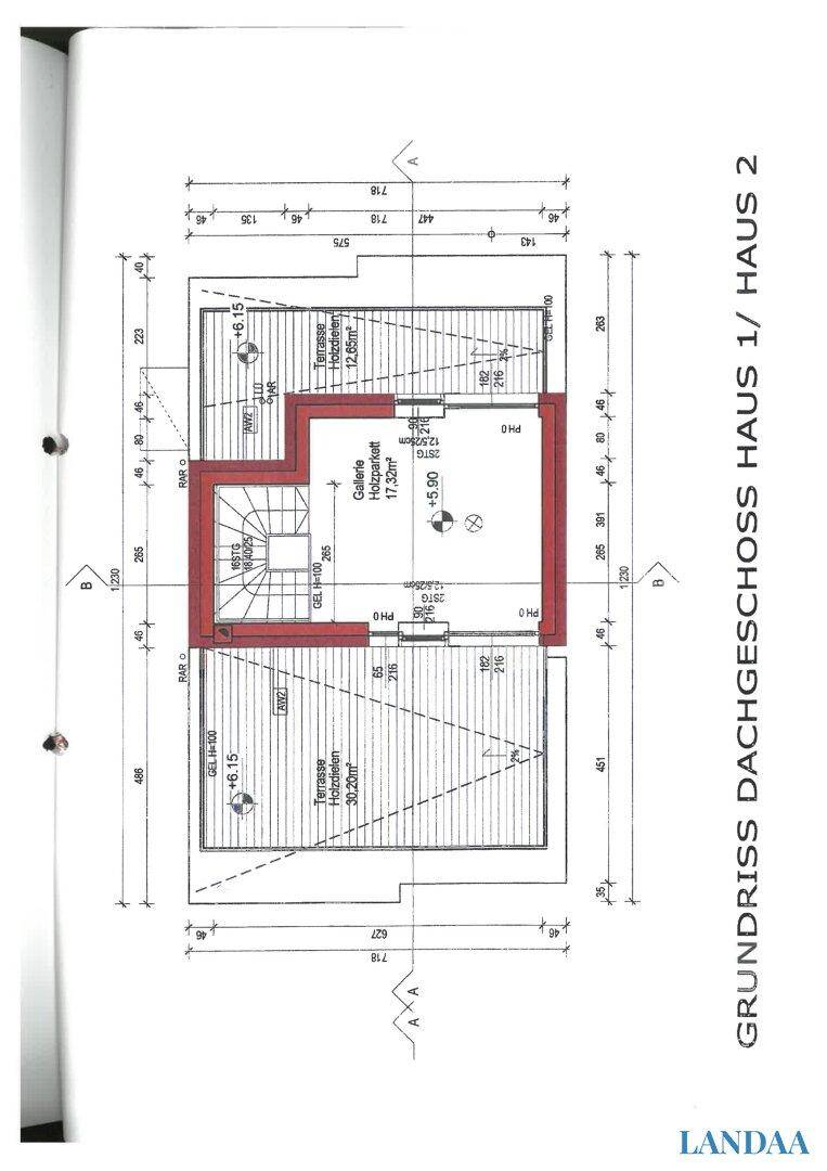 Grundriss des Dachgeschosses für Haus 1/Haus 2 mit Galerie und zwei Terrassen.