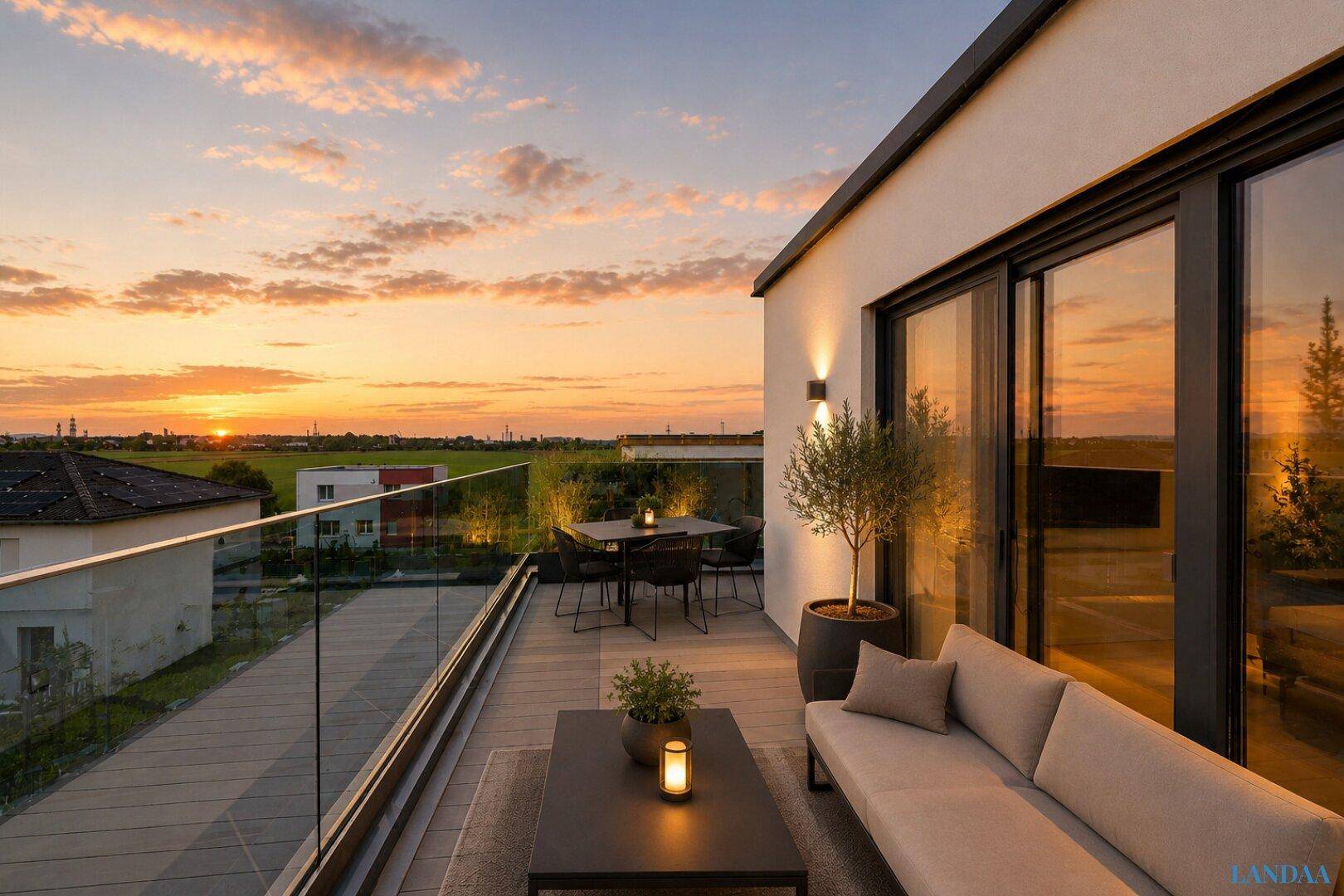 Stimmungsvolle Dachterrasse bei Sonnenuntergang mit bequemen Lounge-Möbeln und Panoramablick.
