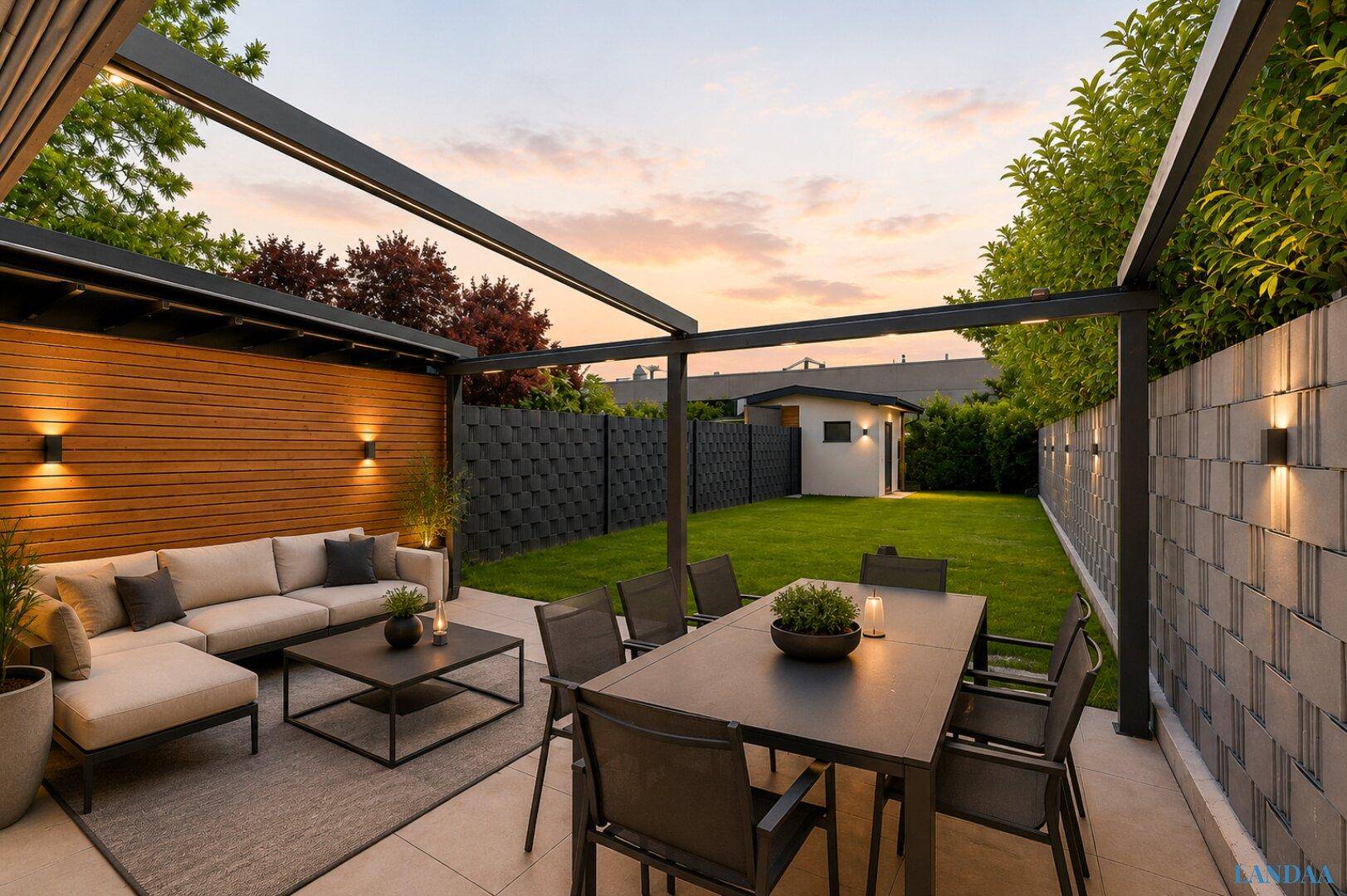 Gemütliche Terrasse am Abend mit Sitzgelegenheiten, Esstisch und stimmungsvoller Beleuchtung.