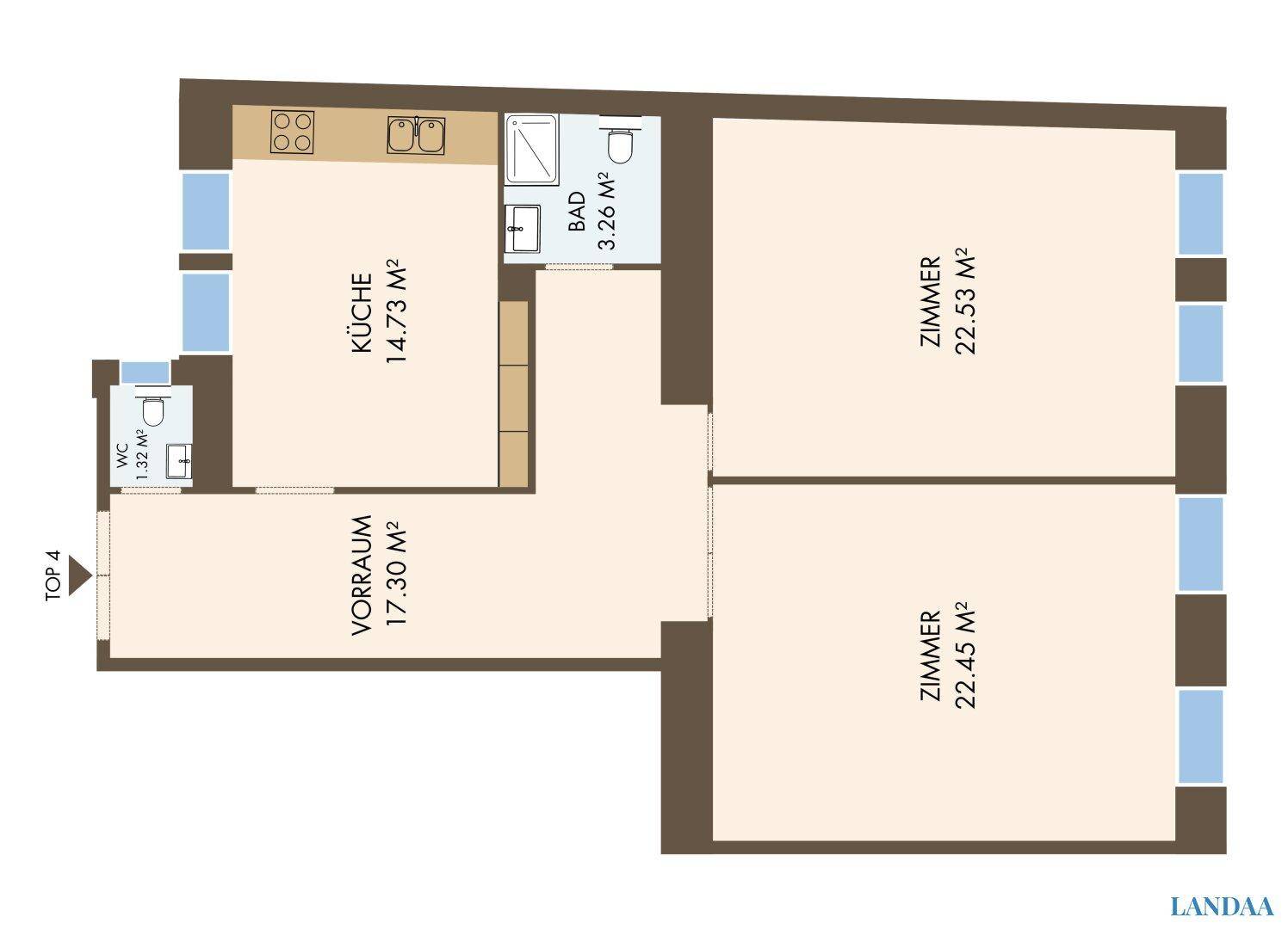 Grundriss einer Wohnung mit Küche, Bad, separatem WC, Vorraum und zwei Zimmern.