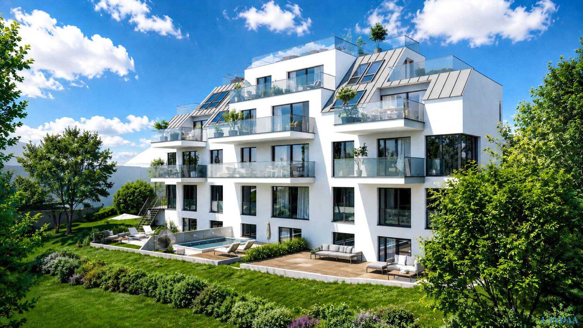 Elegantes Mehrfamilienhaus mit gestuften Terrassen und weitläufigen Grünflächen unter strahlend blauem Himmel.