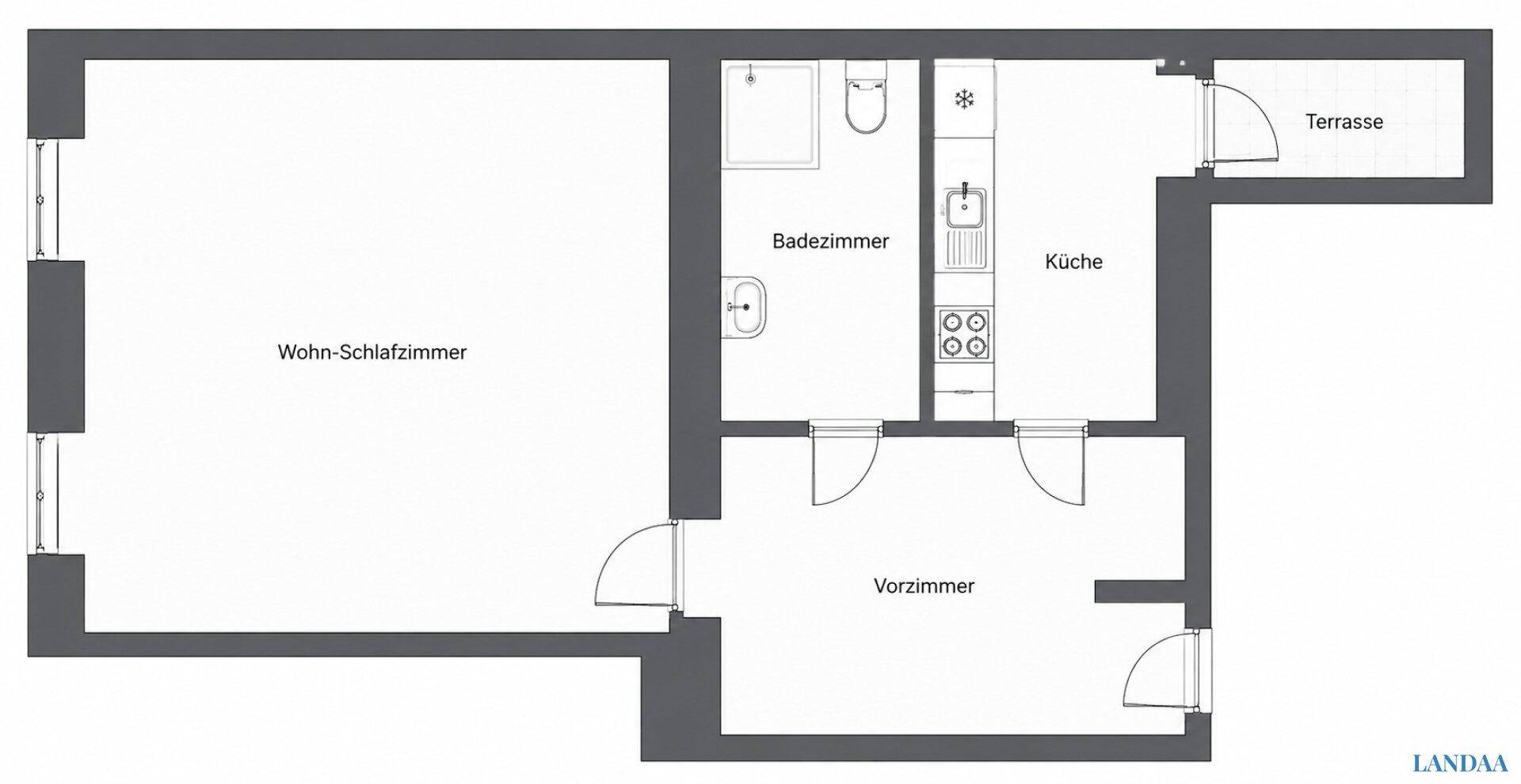 Grundriss einer Wohnung mit Wohn-Schlafzimmer, Badezimmer, Küche und Terrasse.