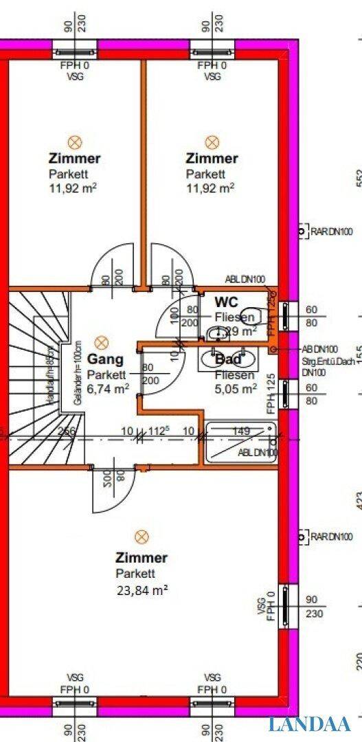 Detaillierter Grundriss des Obergeschosses mit Maßen für Zimmer, Bad und separates WC.