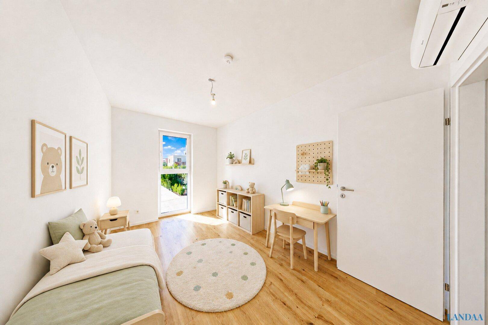 Virtuell gestaltetes Kinderzimmer mit Holzboden, Fenster und Klimaanlage.