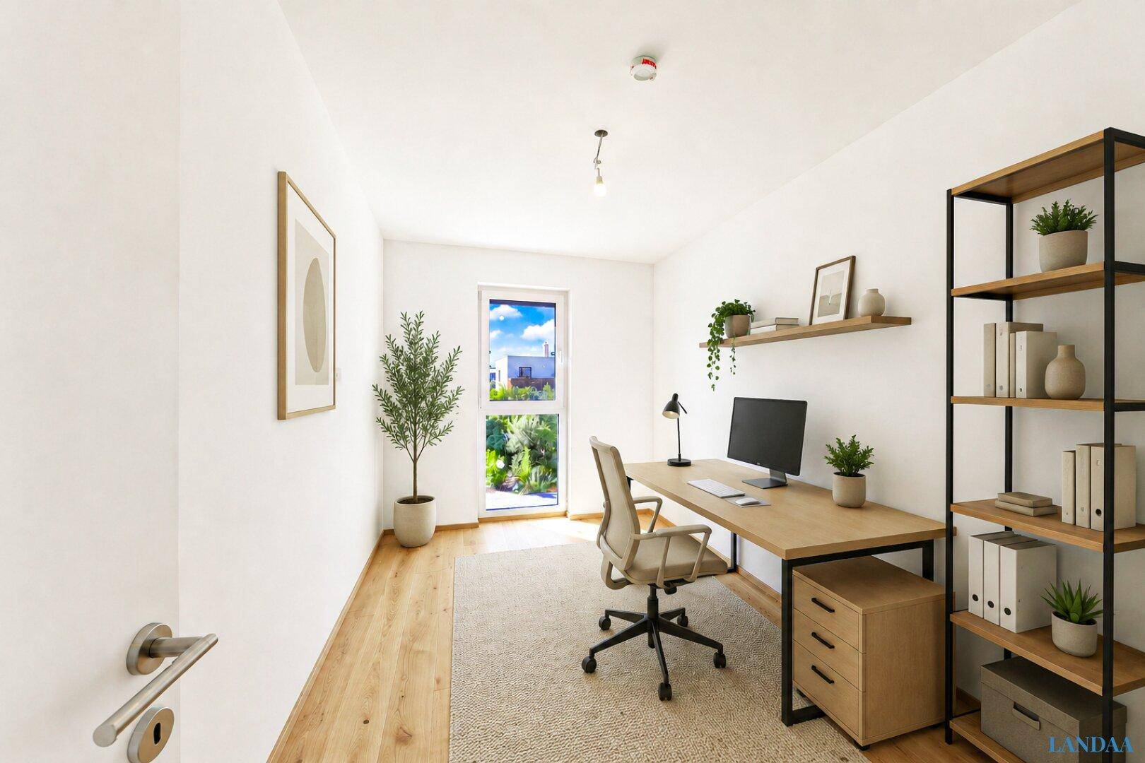 Virtuell eingerichtetes Arbeitszimmer mit Holzboden, Fenster und modernem Regal.