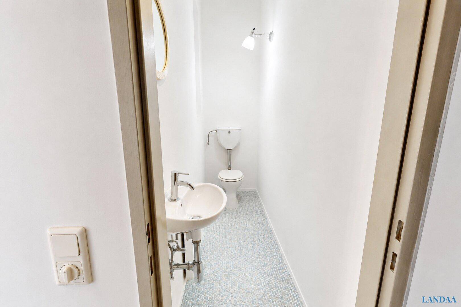 Kleines, helles WC mit Toilette und Waschbecken, ausgestattet mit Mosaikfliesen.