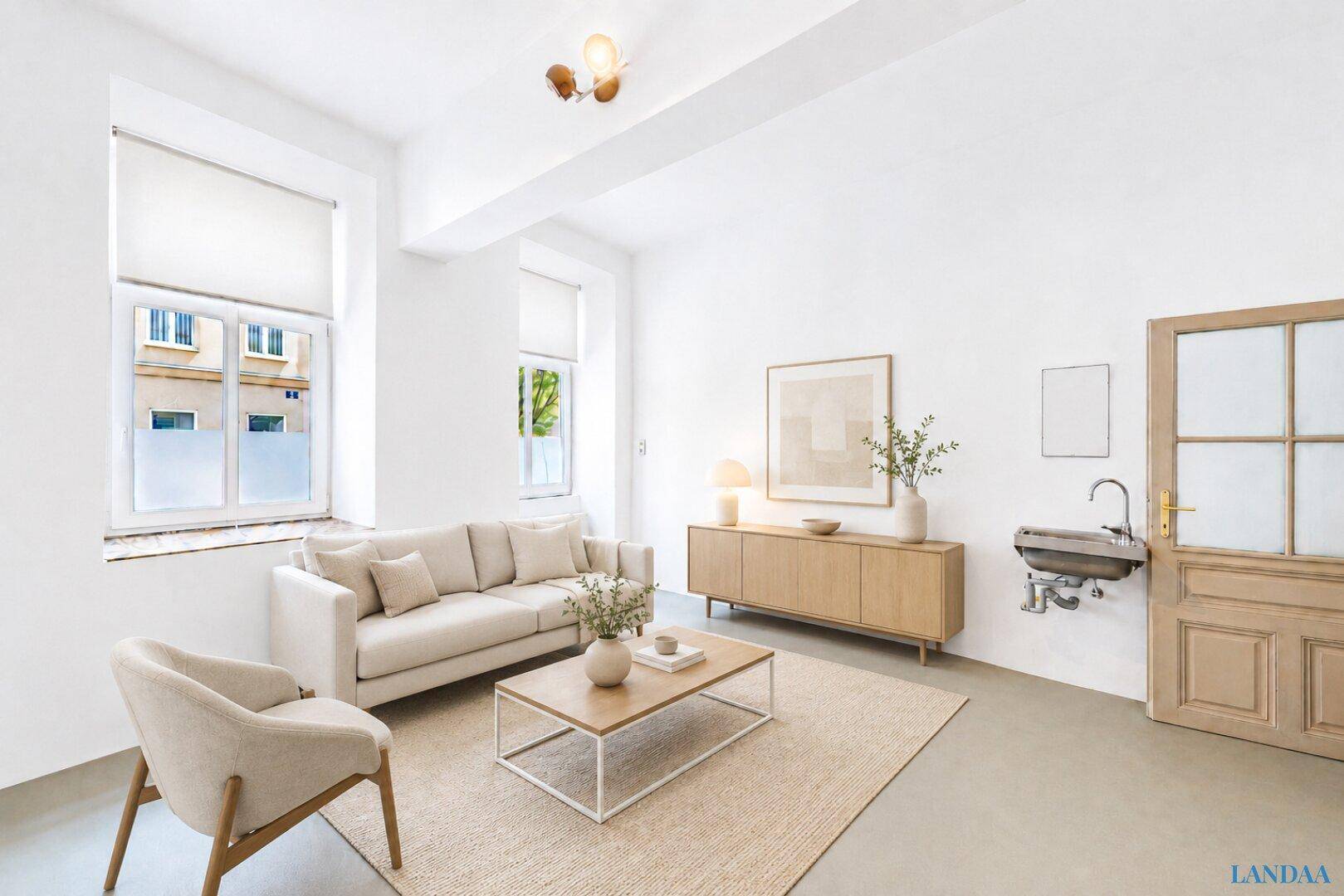 Gemütlich eingerichtetes Wohnzimmer mit Sofa, Sessel und Beistelltisch, hell und modern.