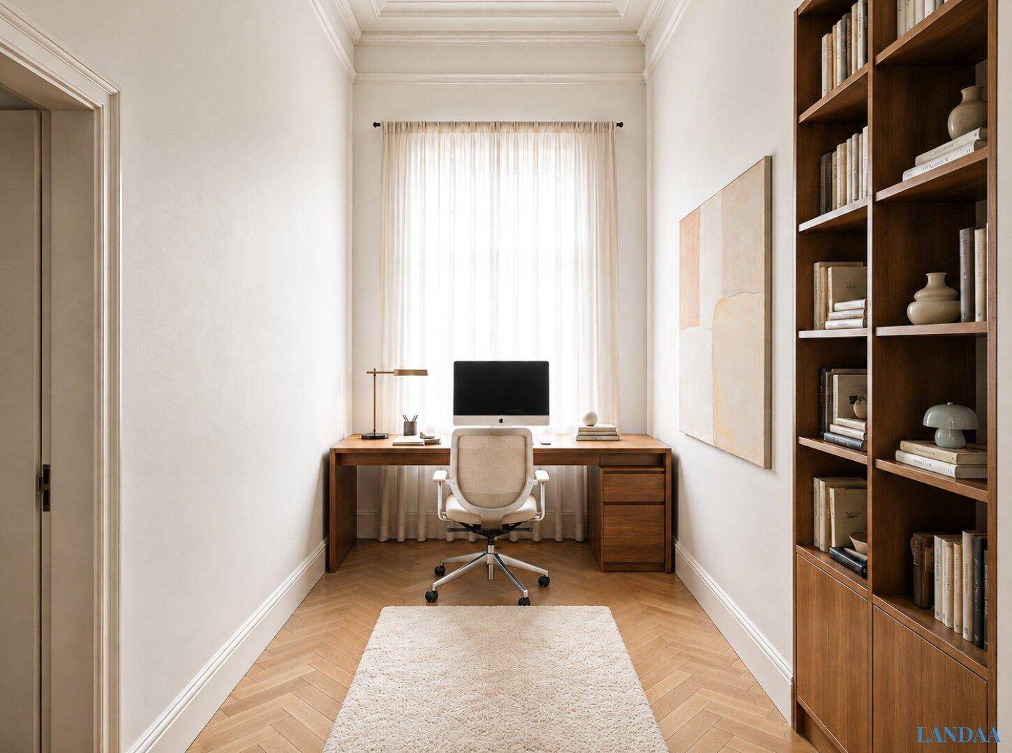 Ruhiges Arbeitszimmer mit Holzschreibtisch, großem Fenster und Fischgrätparkett.