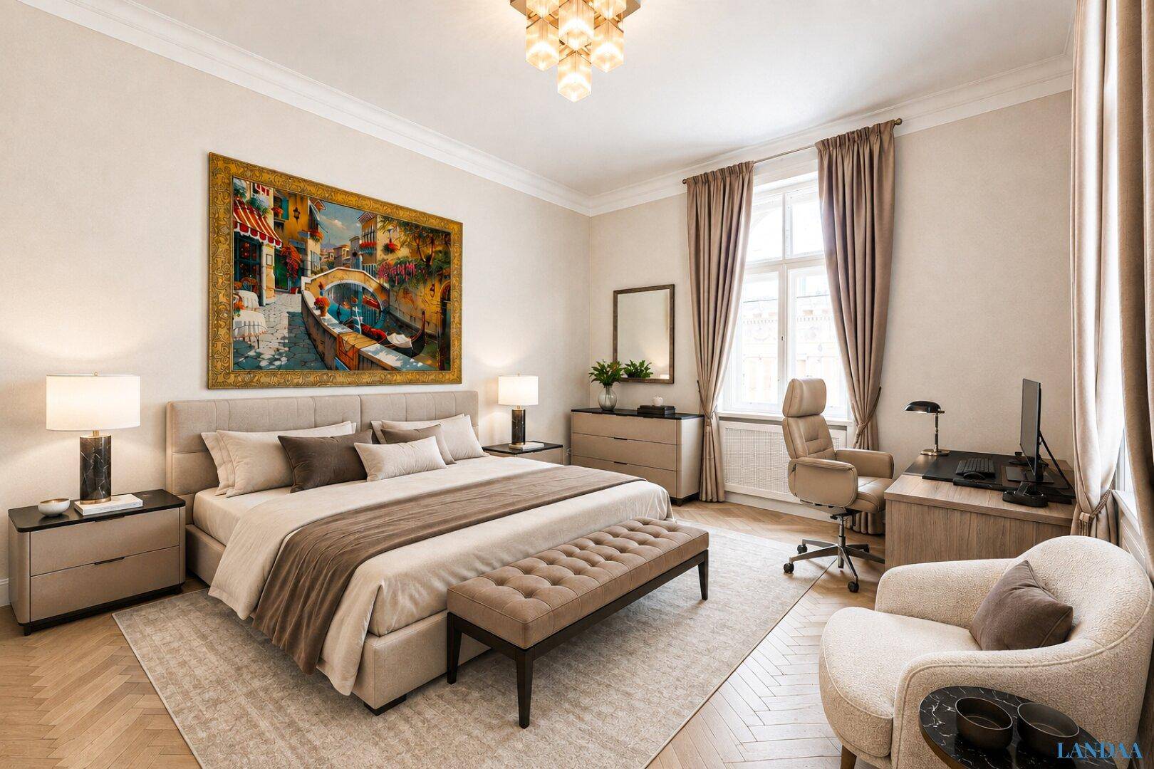 Helles Schlafzimmer mit großem Bett, integriertem Arbeitsbereich und Fischgrätparkett.