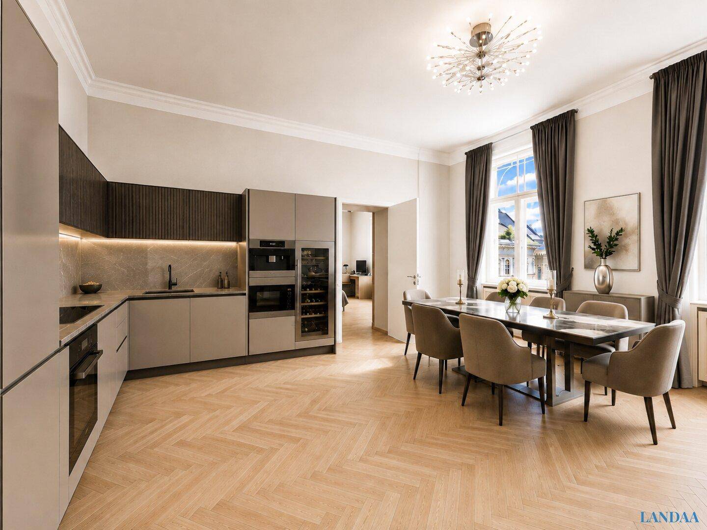 Moderne Einbauküche mit integrierten Geräten, Essbereich und Fischgrätparkett.
