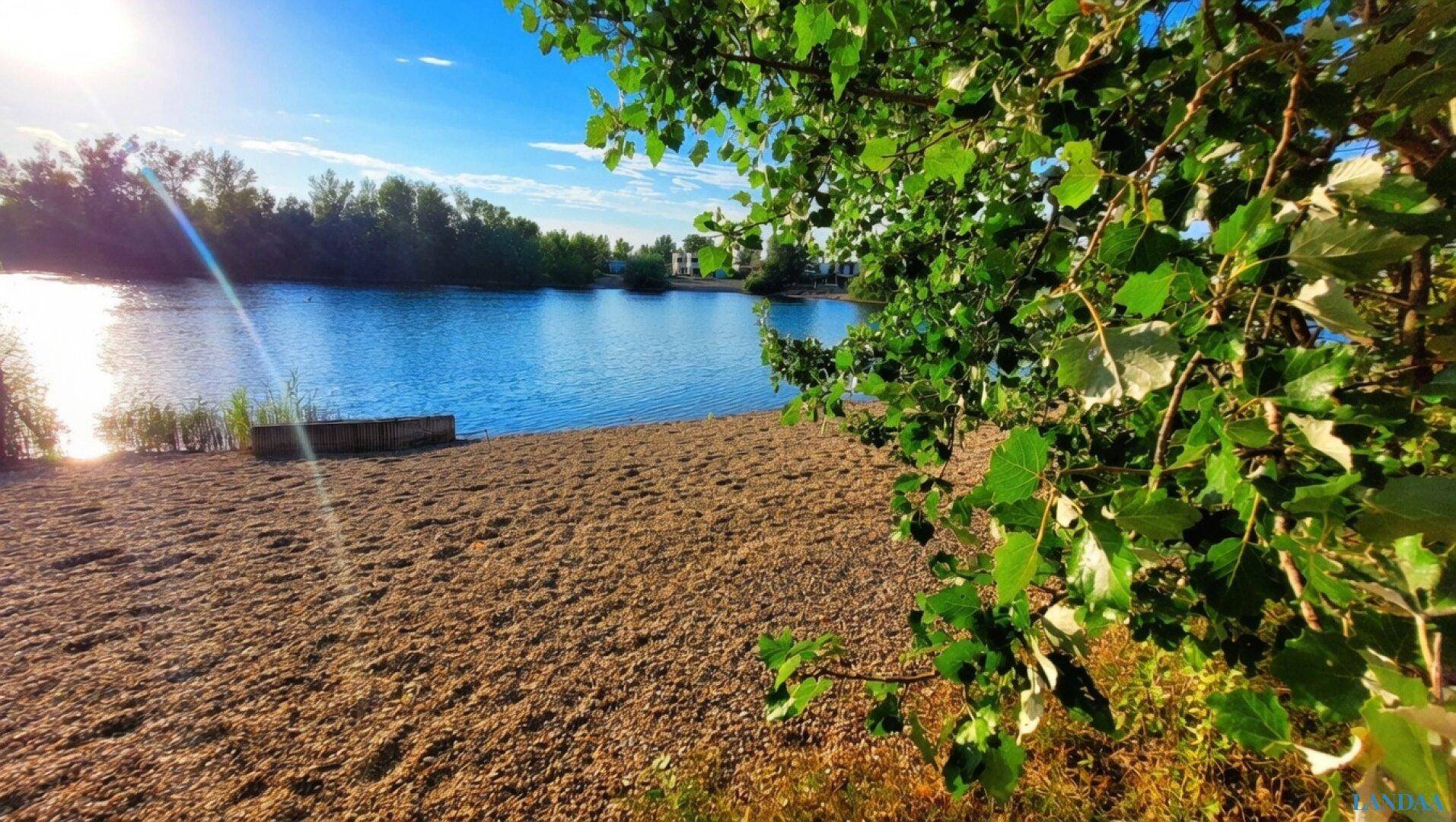 Breiter Sandstrand am Seeufer mit klarem Wasser und üppigem Grün im Vordergrund.