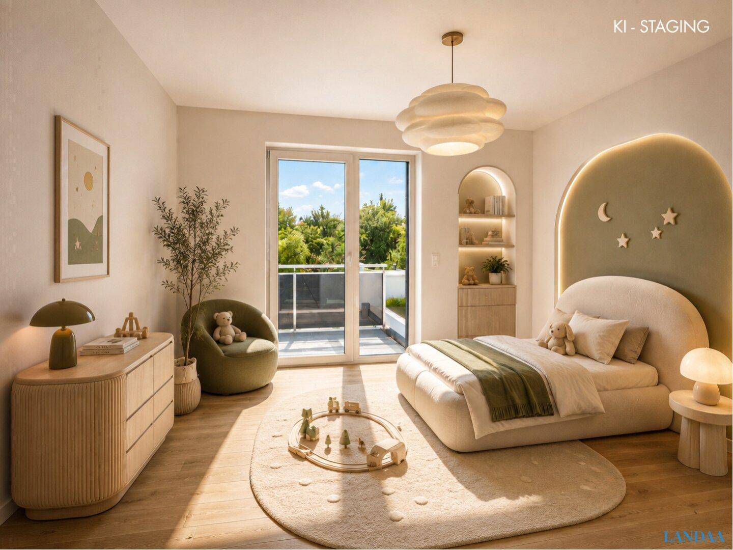 Freundliches Kinderzimmer mit modernem Design, Holzboden und Zugang zu einem Balkon.