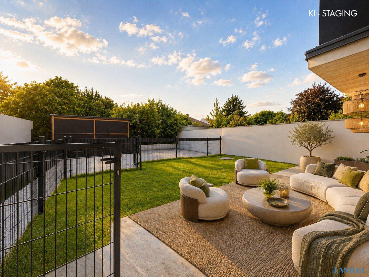 Gemütliche Terrasse mit Sitzgelegenheiten und direktem Zugang zum gepflegten Gartenbereich.