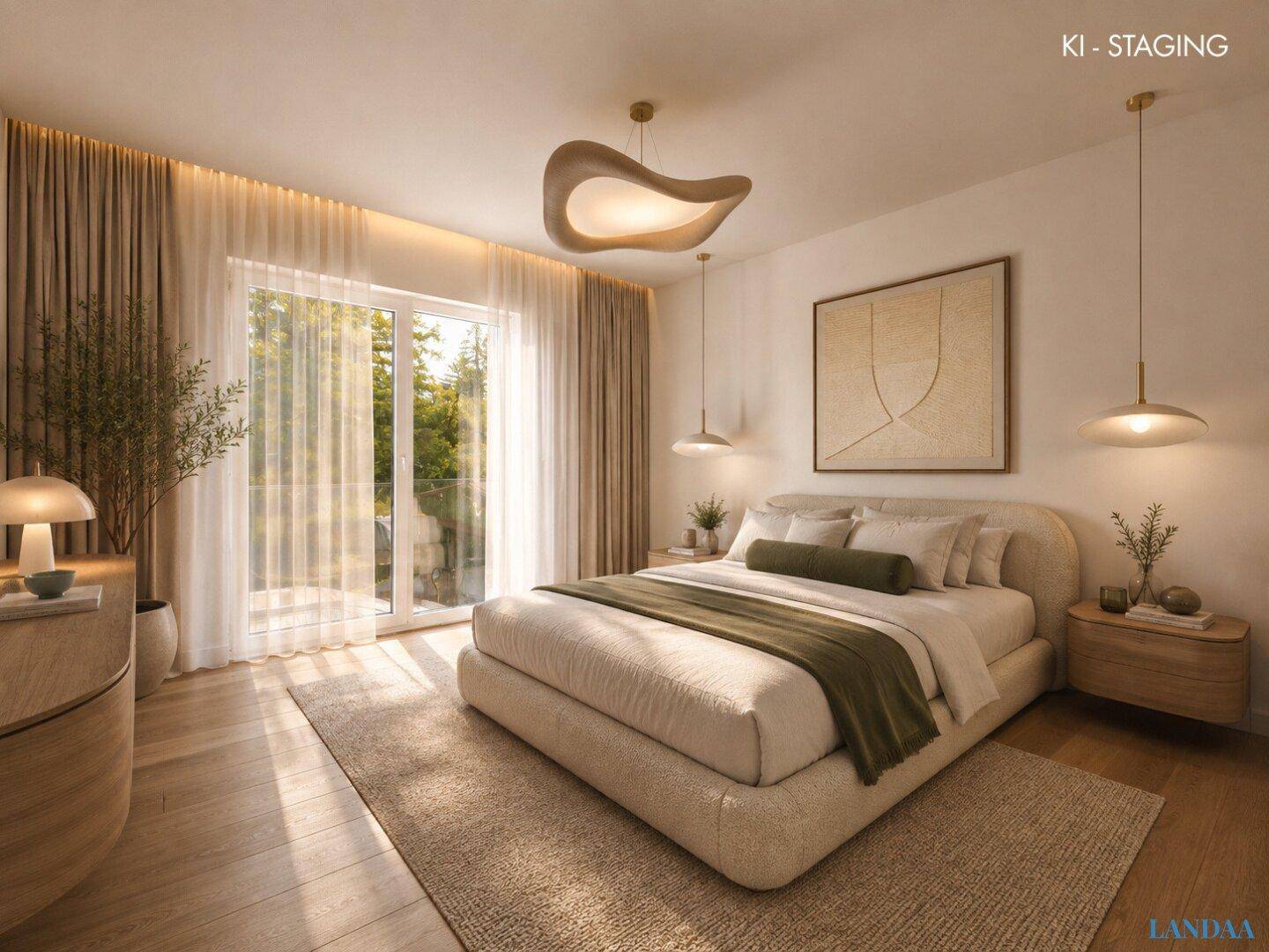 Elegantes Schlafzimmer mit Doppelbett, Holzboden und großen Fenstern zum Balkon.