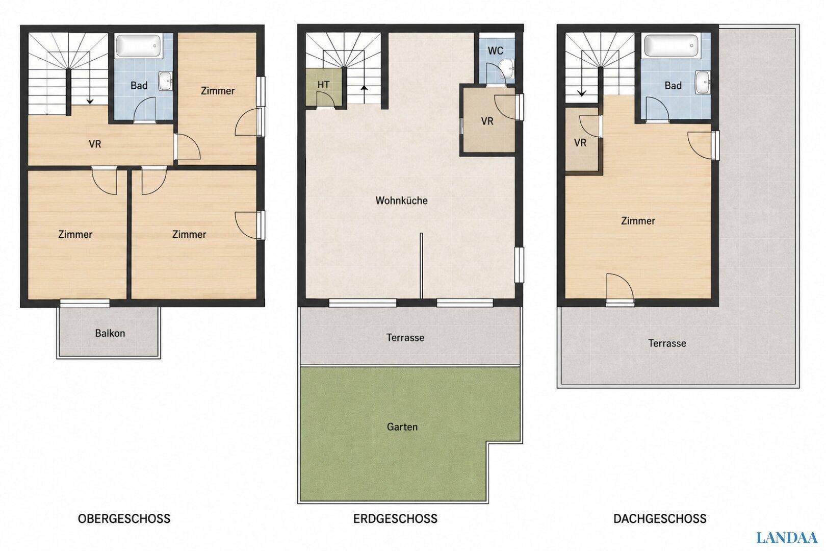 Grundrisspläne für Obergeschoss, Erdgeschoss und Dachgeschoss mit Balkon, Terrasse und Garten.