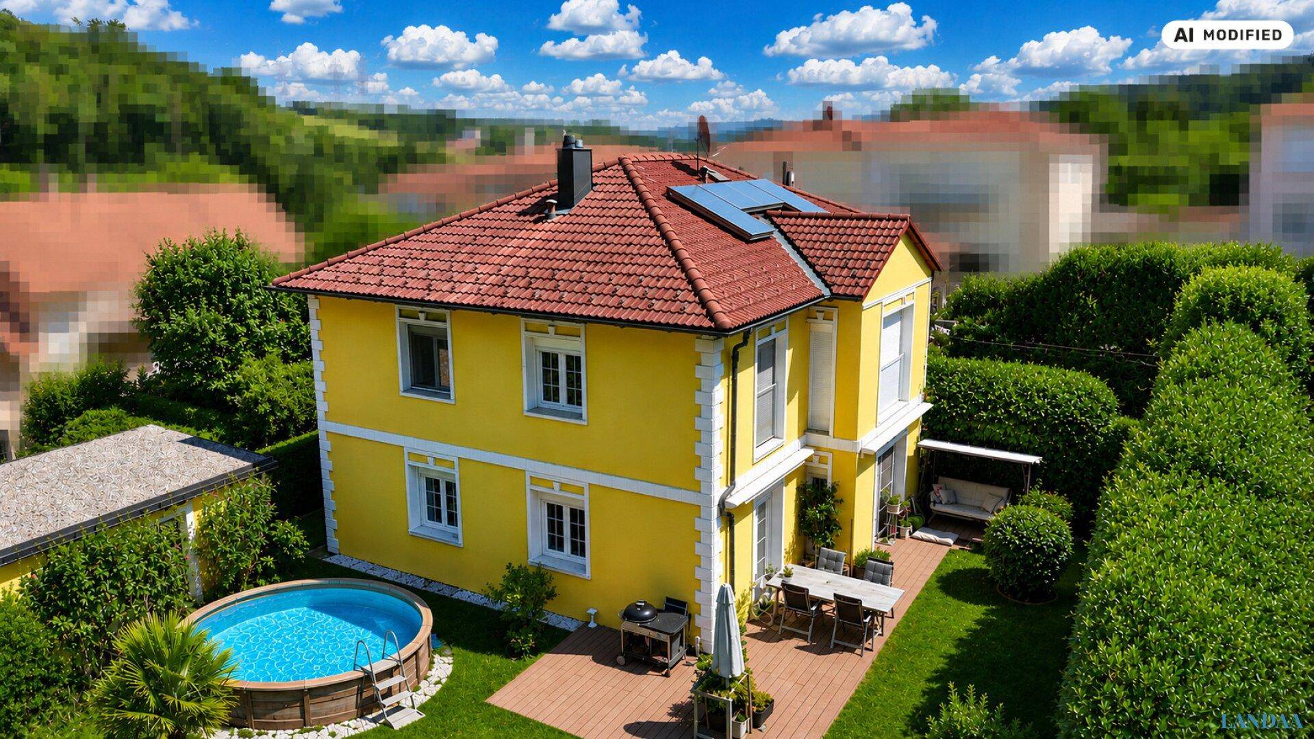 Attraktives gelbes Haus mit Pool, Terrasse und Solaranlage, umgeben von viel Grün.