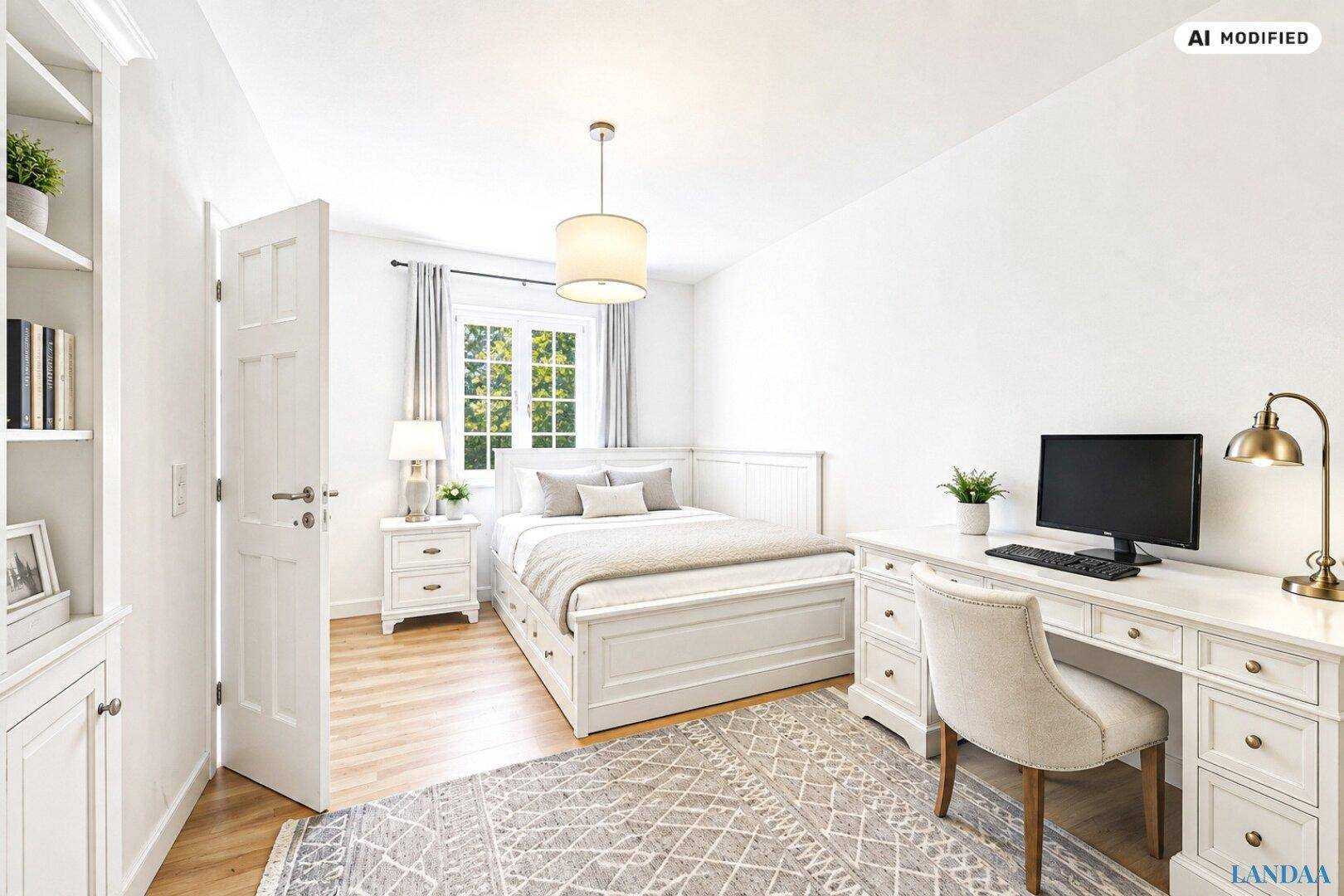 Helles Schlafzimmer mit weißem Bett, Schreibtisch und Holzfußboden, ideal für Gäste oder Kinder.