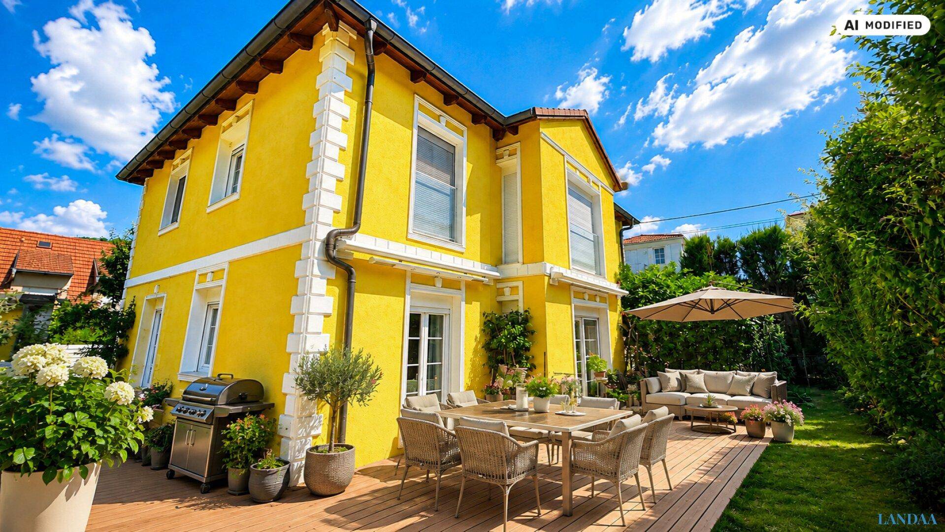 Gelbes Haus mit großer Holzterrasse, Gartenmöbeln und Grillbereich unter blauem Himmel.
