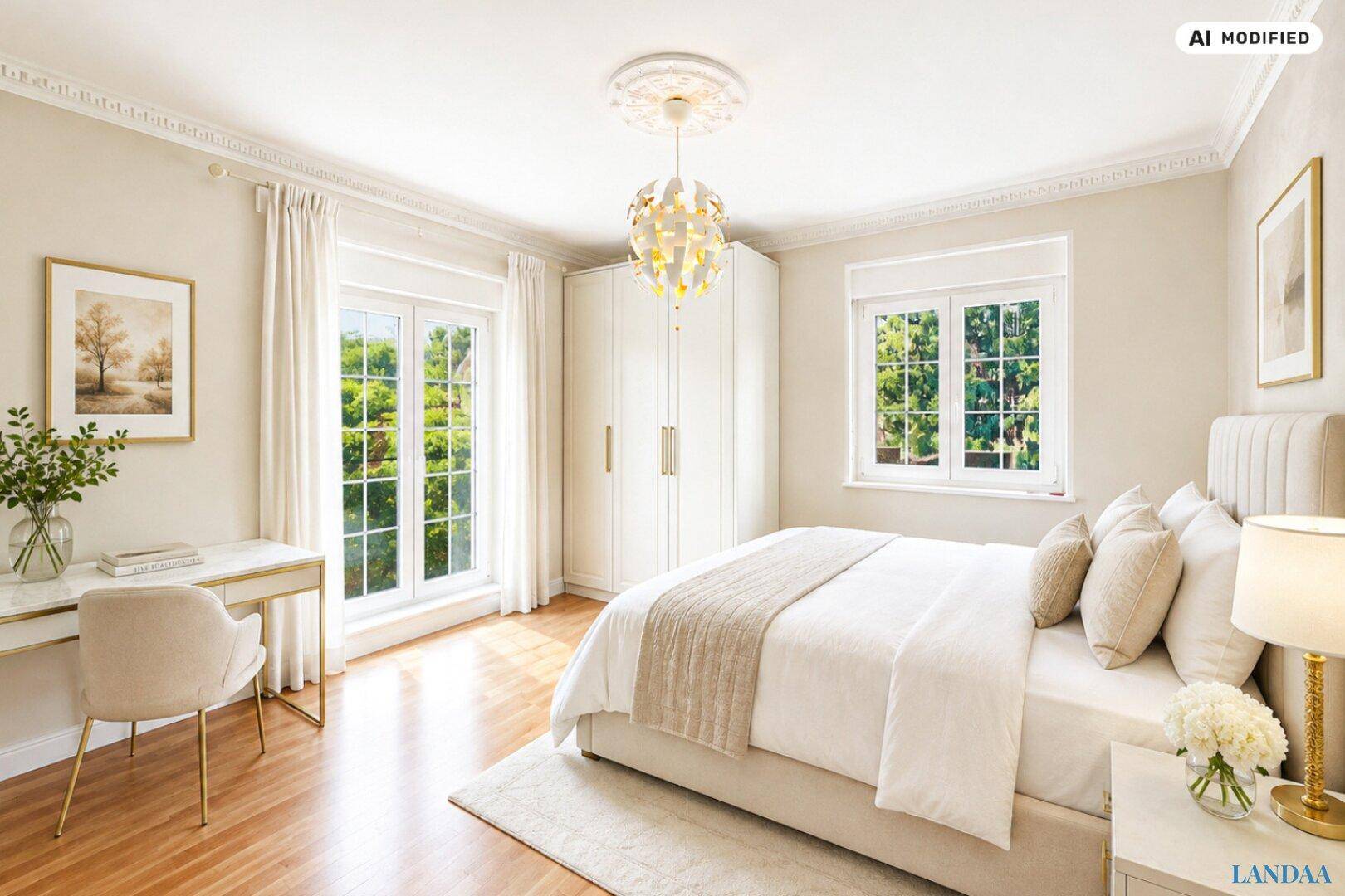 Elegantes Schlafzimmer mit großem Bett, Kleiderschrank und hellem Holzfußboden, viel Tageslicht.