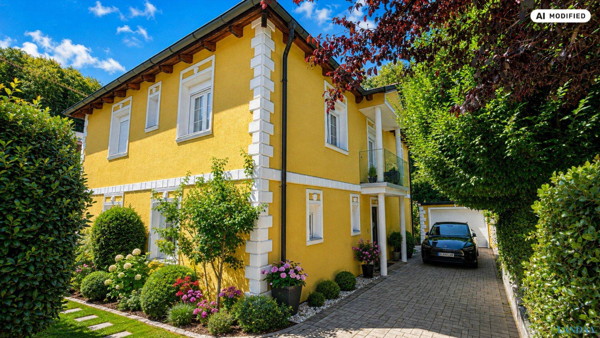 Attraktives gelbes Haus mit gepflegtem Vorgarten, Einfahrt und Garage im Hintergrund.