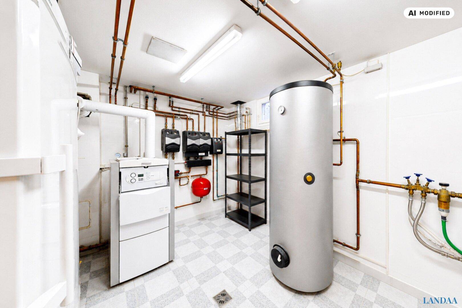 Technikraum im Keller mit Heizungsanlage, Warmwasserspeicher und sichtbaren Leitungen.