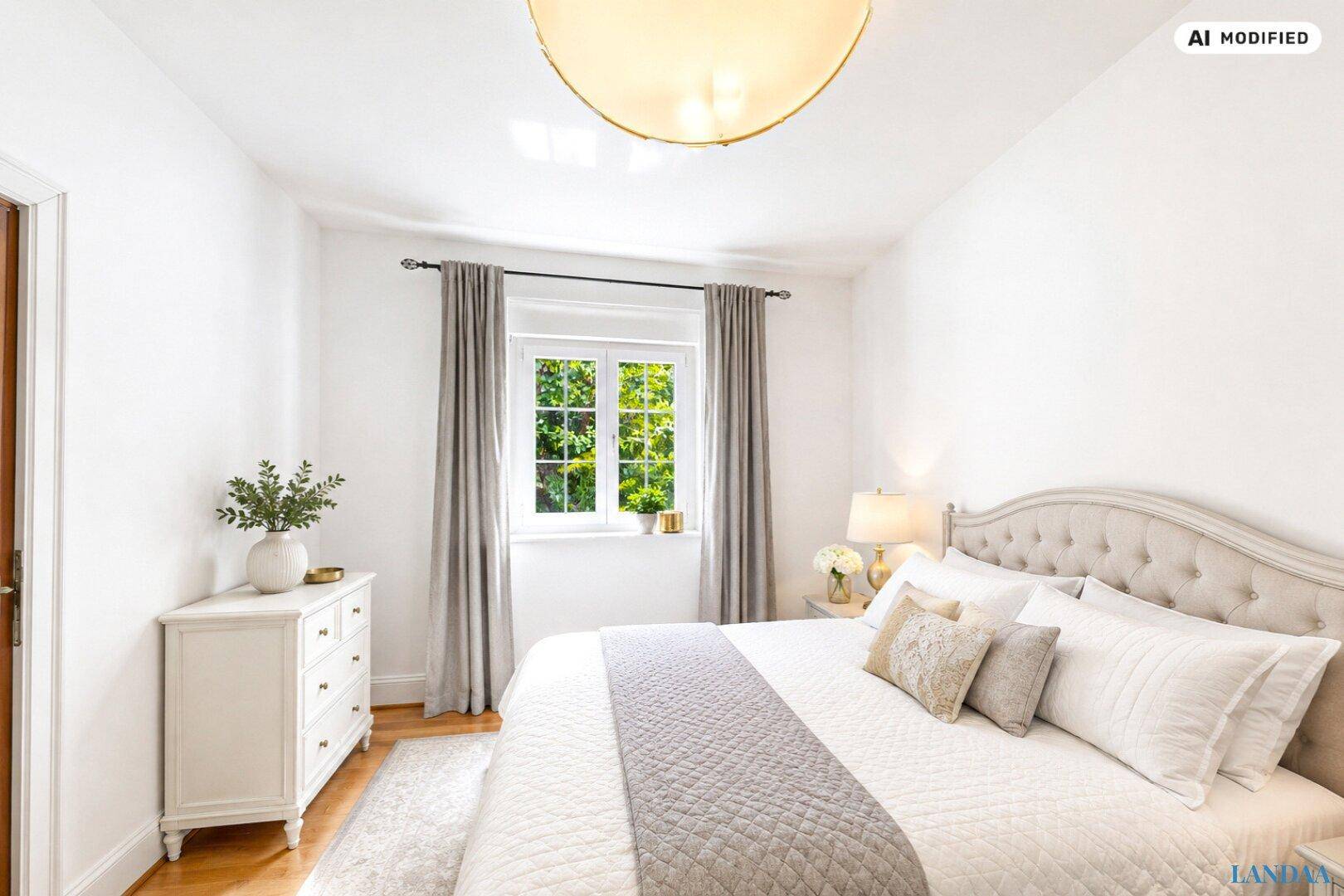 Gemütliches Schlafzimmer mit Doppelbett, Kommode und Fenster mit Blick ins Grüne.