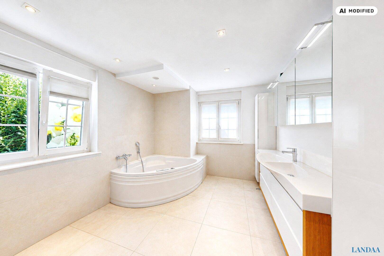 Modernes Badezimmer mit Eckbadewanne, Doppelwaschbecken und großen Fenstern für viel Licht.
