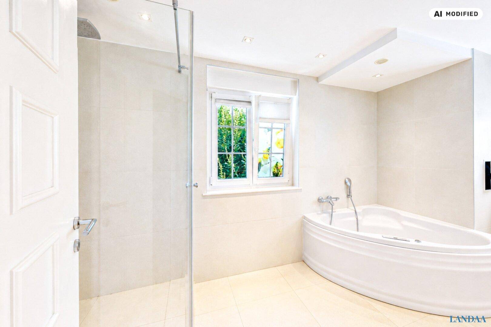 Modernes Badezimmer mit Badewanne, Duschbereich und Fenster, hell gefliest.