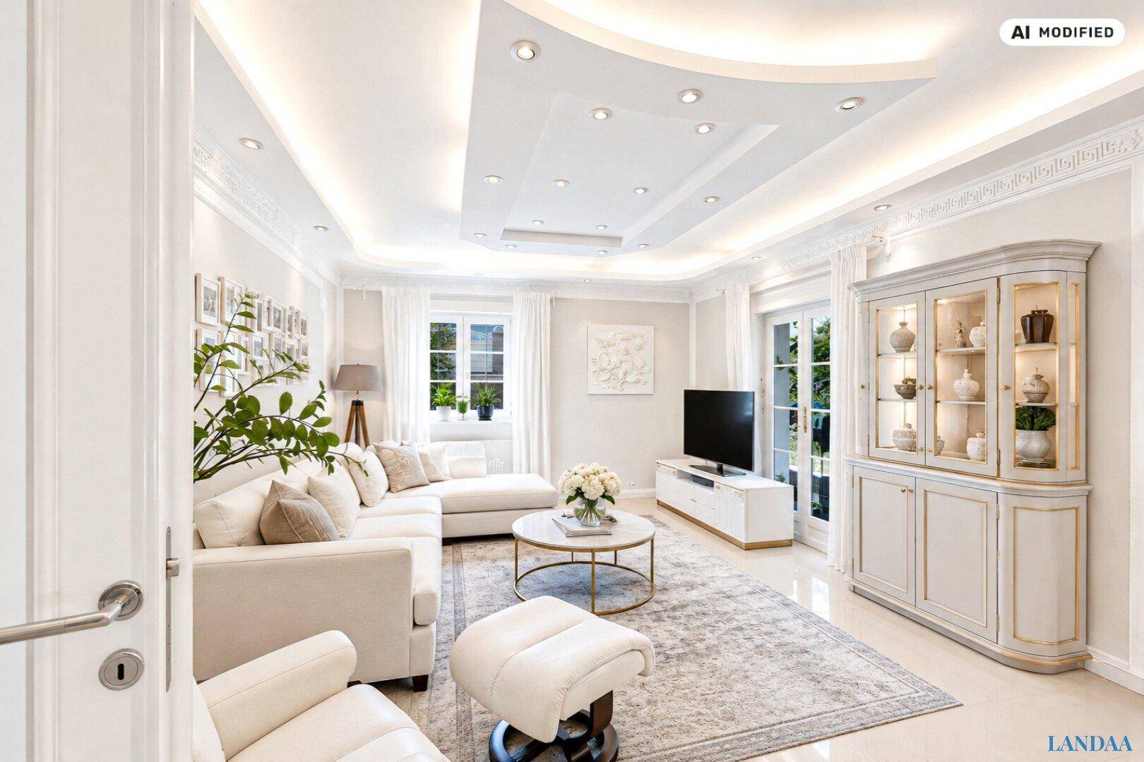 Elegantes Wohnzimmer mit weißem Sofa, Stuckdecken und indirekter Beleuchtung, hell und geräumig.