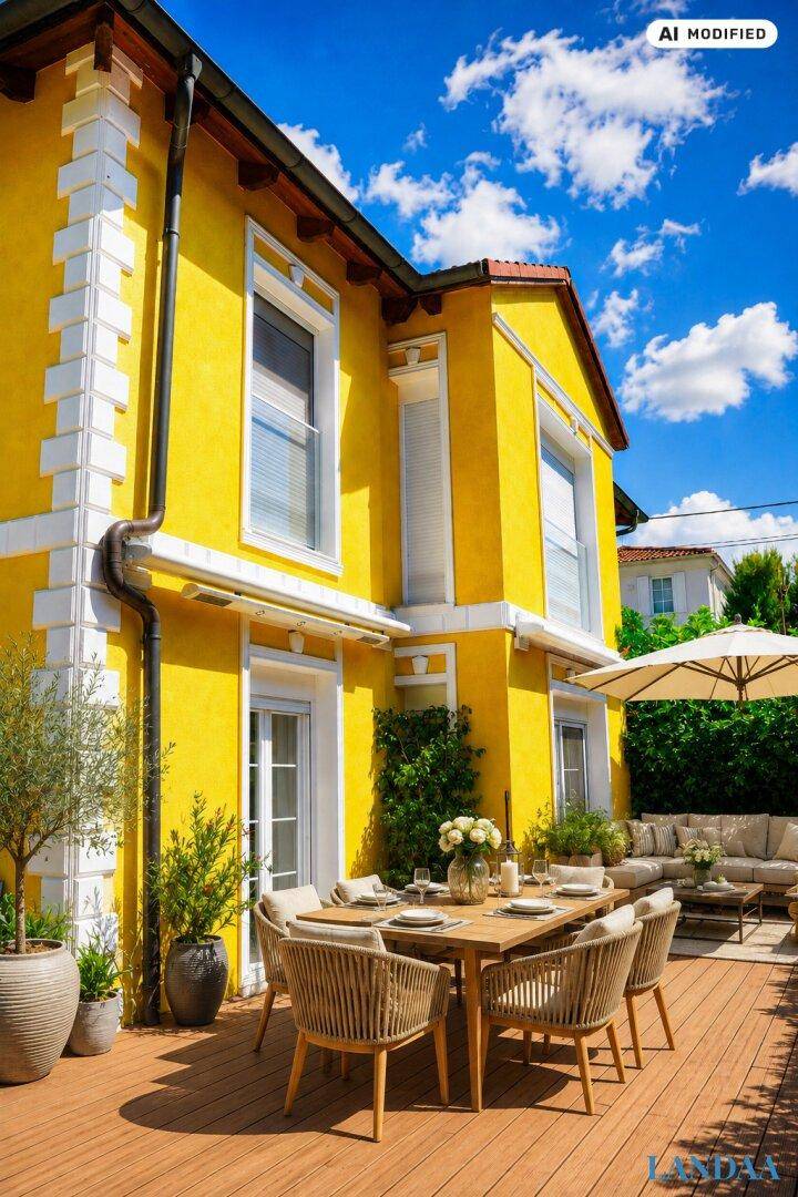 Sonniger Außenbereich mit Holzterrasse, Esstisch und gelber Hausfassade unter blauem Himmel.