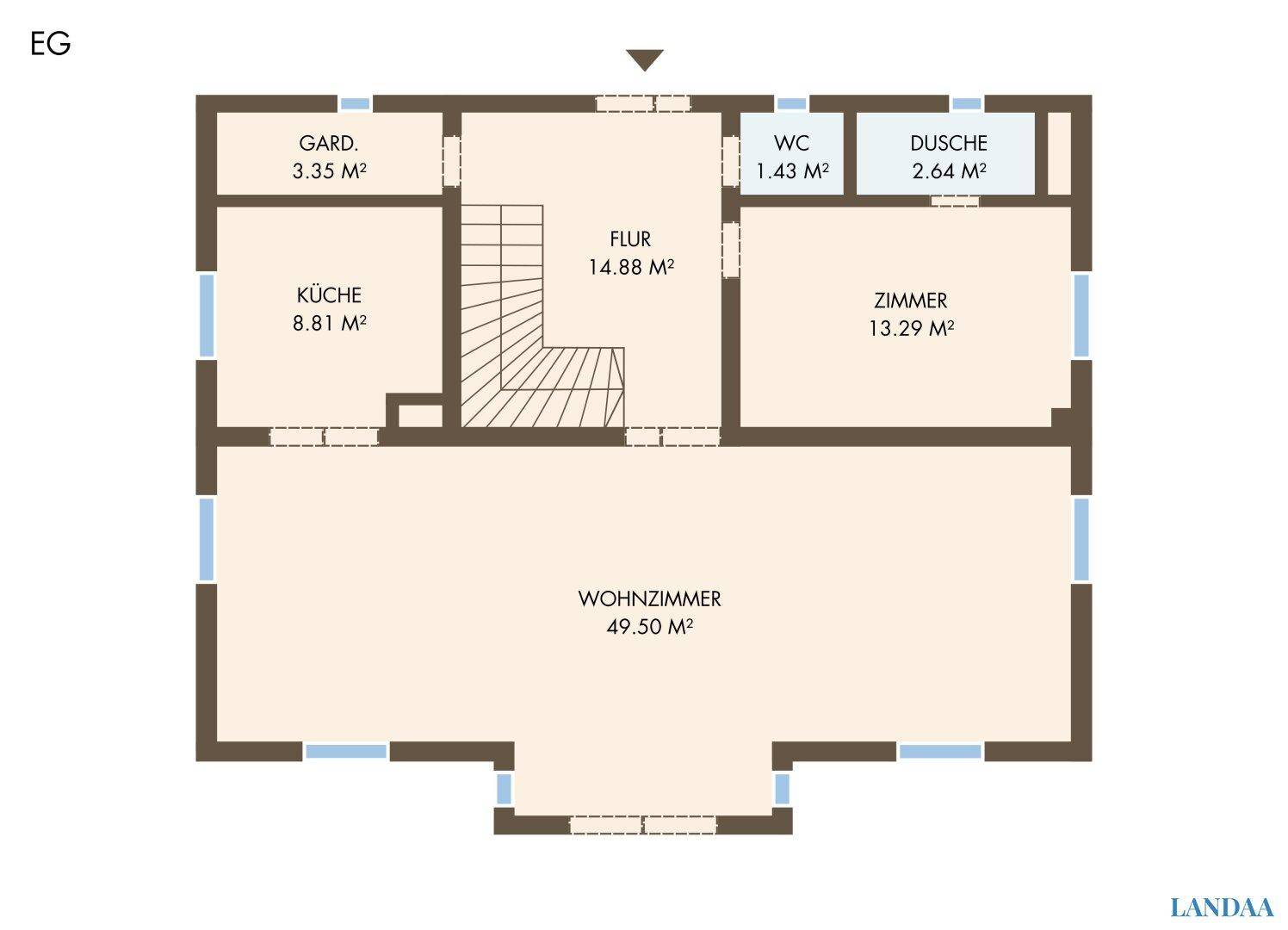 Grundriss des Erdgeschosses mit großem Wohnzimmer, Küche und separatem WC.