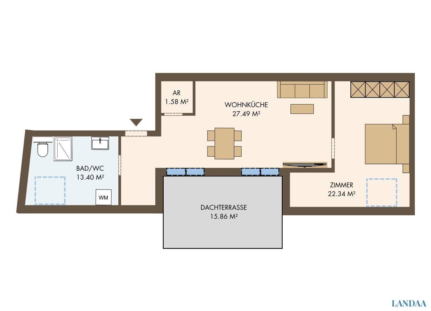 Grundriss einer Wohnung mit offener Wohnküche, Schlafzimmer, Bad und großer Dachterrasse.