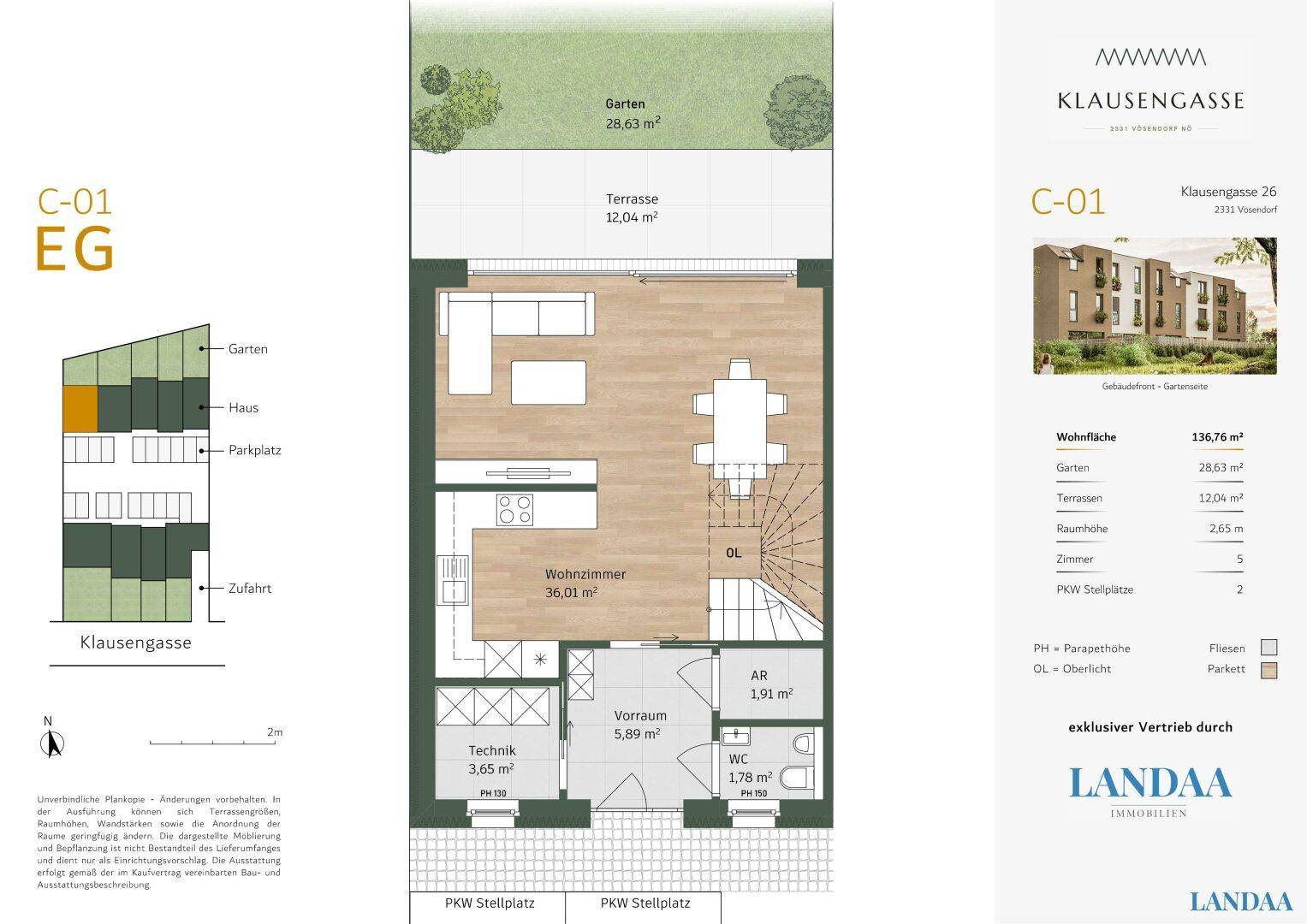 Grundriss des Erdgeschosses mit Wohnzimmer, Küche, Terrasse und Garten.