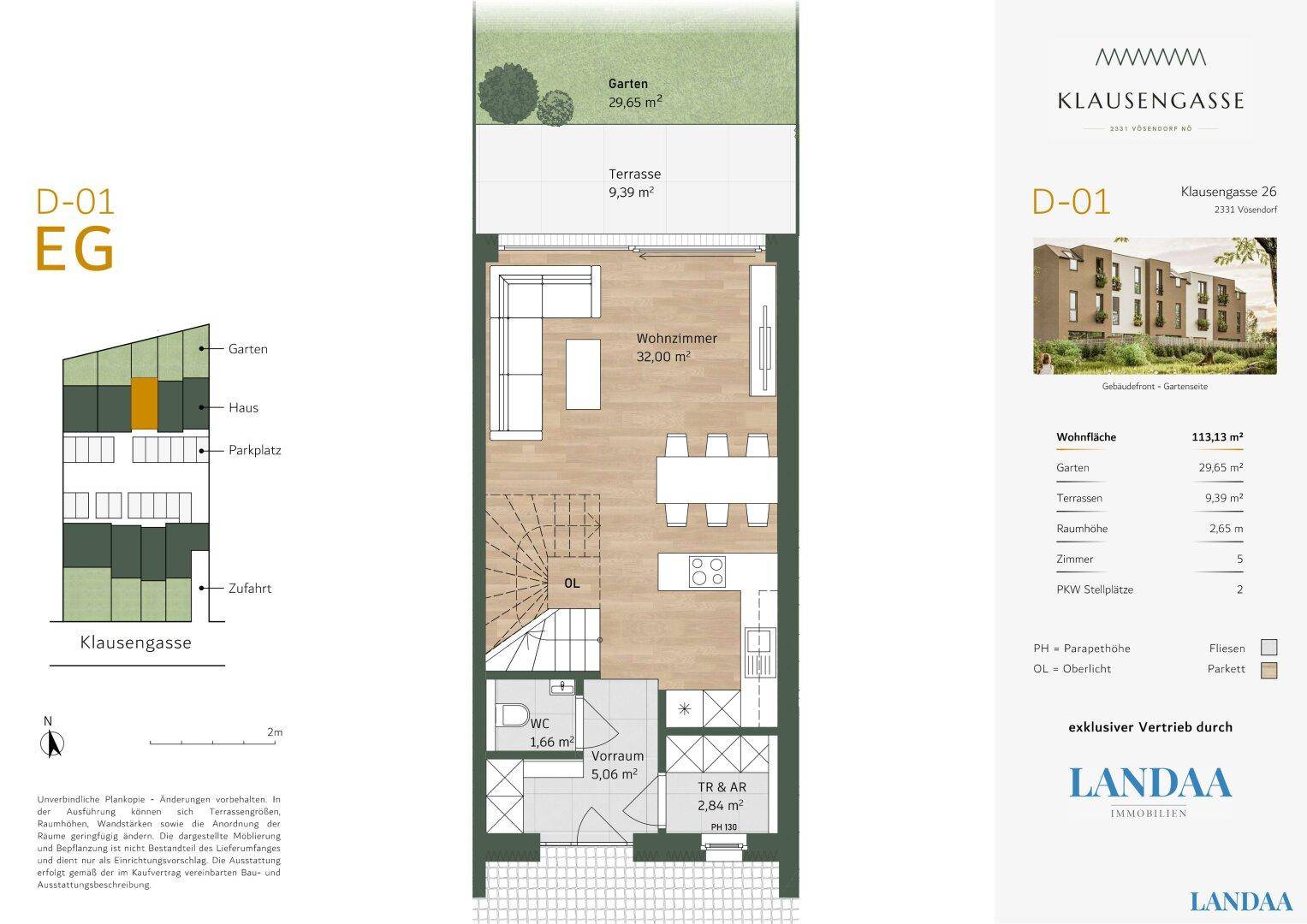 Grundriss des Erdgeschosses D-01 mit offenem Wohnbereich, Küche, Terrasse und Garten.