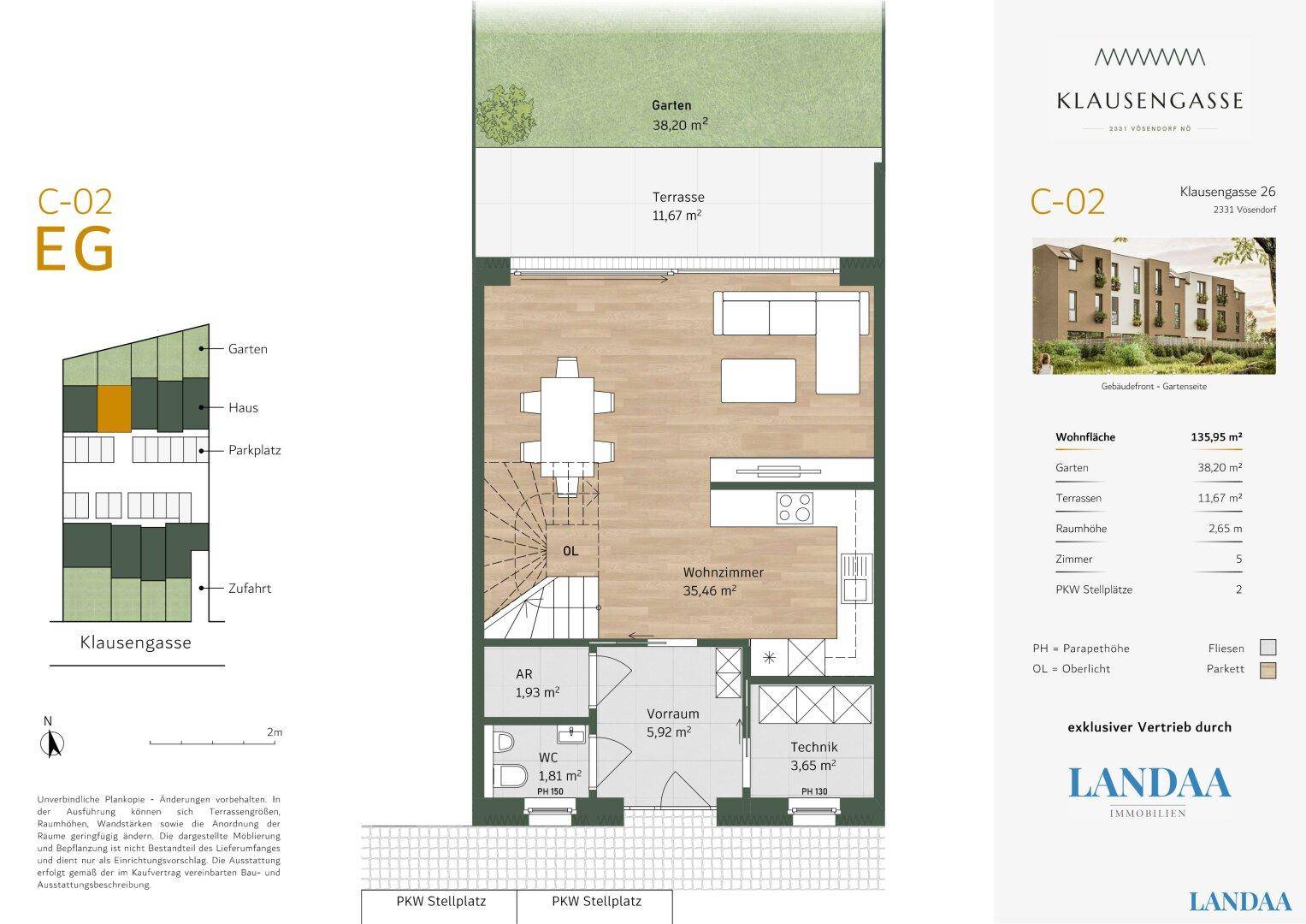 Grundriss des Erdgeschosses mit Wohnzimmer, Küche, Terrasse und Garten.
